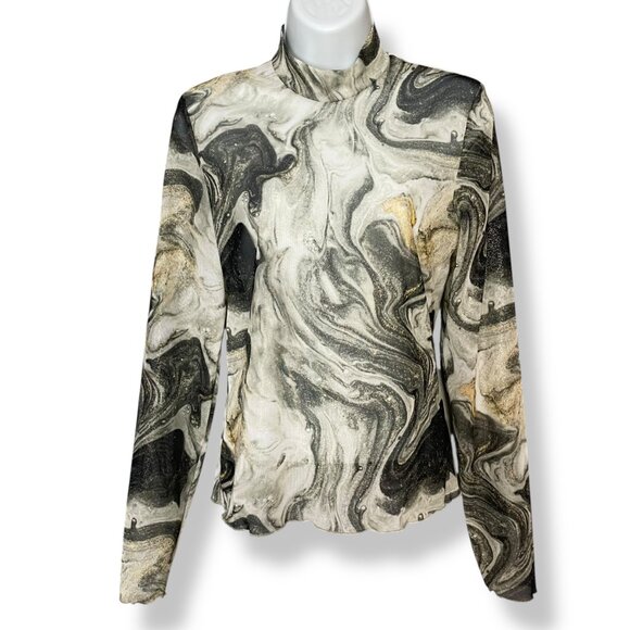 Amisu Sheer Top Marbled Print Gray Long Sleeve Mock Neck Clubbing Festival Woman - Picture 2 of 9